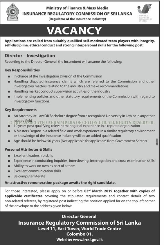 Director (Investigation) - Insurance Regulatory Commission of Sri Lanka